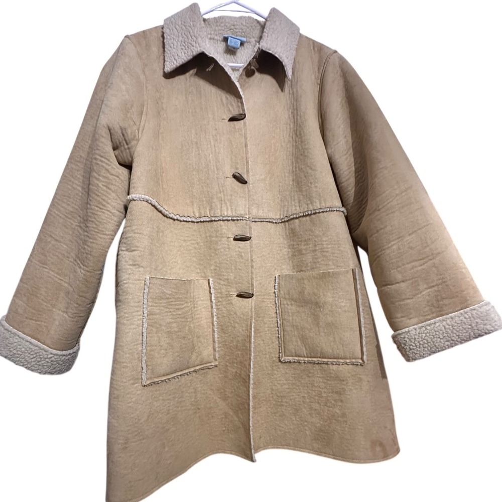 Sigrid Olsen Faux Suede Sherpa Coat Tan Large Y2K Boho - Picture 3 of 15